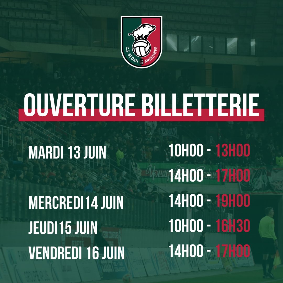 _CSSA's tweet image. ⏱ 𝗢𝘂𝘃𝗲𝗿𝘁𝘂𝗿𝗲 𝗱𝗲 𝗹𝗮 𝗕𝗜𝗟𝗟𝗘𝗧𝗧𝗘𝗥𝗜𝗘 𝗽𝗼𝘂𝗿 𝗹𝗲𝘀 𝗔𝗕𝗢𝗡𝗡𝗘𝗠𝗘𝗡𝗧𝗦 🎟

Découvrez les horaires d’ouvertures de la billetterie du Stade Louis Dugauguez ! 👇

𝟭 𝗔𝗯𝗼𝗻𝗻𝗲𝗺𝗲𝗻𝘁 = 𝟭 𝗦𝗼𝘂𝘁𝗶𝗲𝗻 💚❤

🔗 billetterie-cssa.tickandlive.com