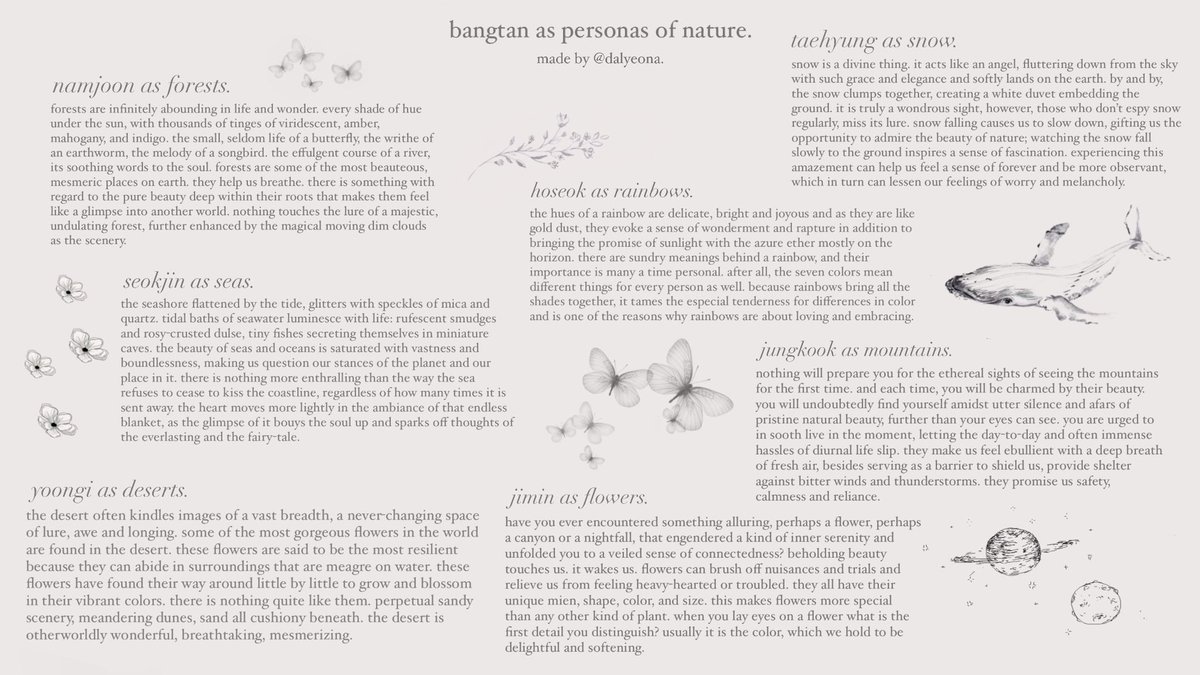 ㅤㅤ
ㅤ≀ bangtan as personas of nature.
ㅤㅤ
for the 10th anniversary of my grounds in inherent warmth to have trust in, my seven indulgent daylights, my silhouettes of tender moonshine.