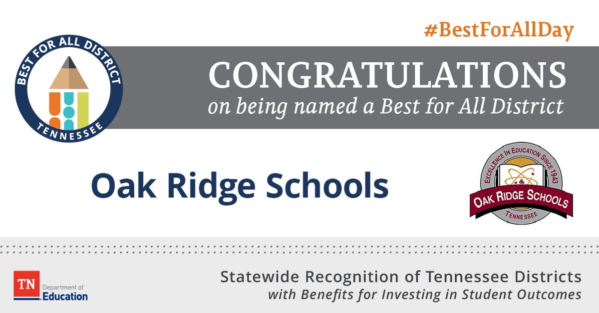 TNedu's tweet image. Congratulations to @ORSchools on being named a #BestforAllDistrict. We look forward to highlighting the great work happening in this district all week.