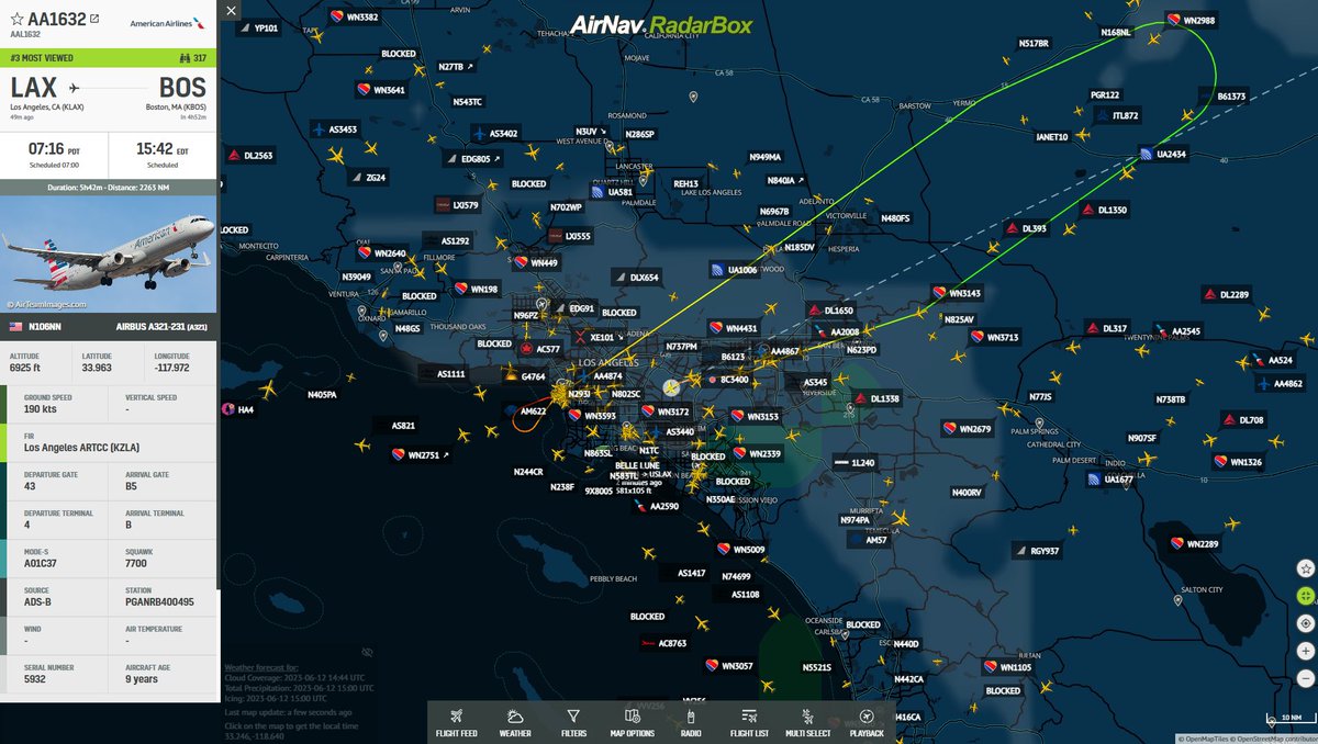 AirNavRadar's tweet image. American Airlines flight #AA1632 from #LosAngeles to #Boston is squawking 7700 (emergency) and returning to Los Angeles:  radarbox.com/flight/AA1632