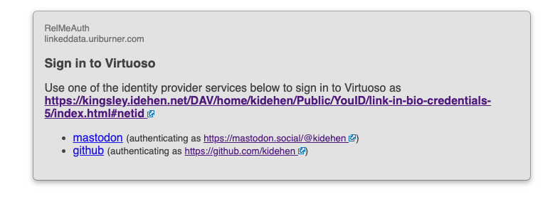 kidehen's tweet photo. The Virtuoso Multi-Protocol Authentication Layer also supports the #RelAuthMe protocol, thereby offering Link In Bio style profile doc integration re fine-grained acls that protect both #SQL- and #SPARQL-accessible data.
#SSI #Privacy #VirtuosoRDBMS #LinkedData #Identity #ABAC https://t.co/tJ7bLn1CTM