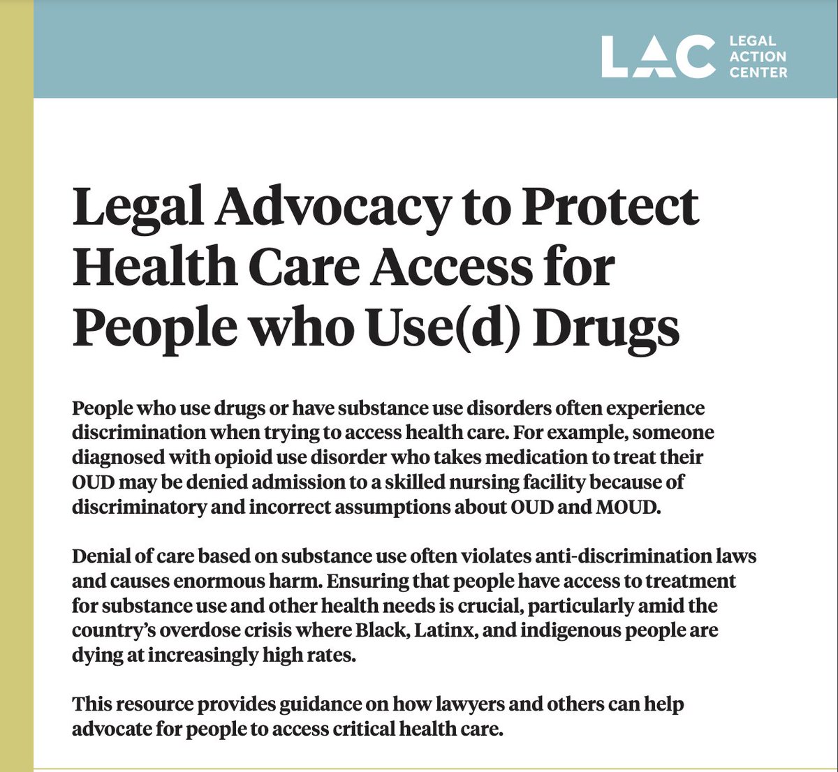 lac_news's tweet photo. ATTN lawyers advocating for health care access for those who use drugs or have #substanceusedisorders! LAC’s advocacy guide can help you navigate #healthcarediscrimination so clients can access the lifesaving care they deserve: https://t.co/uPrz1rGyyW https://t.co/rsst2hF2L5