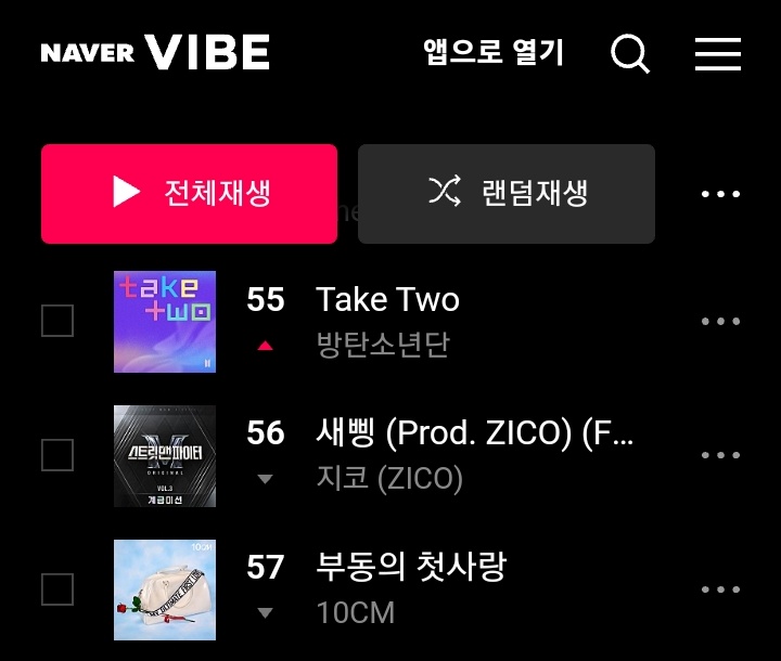 '#TakeTwo' by #BTS hits a New Peak of #55(+46) on Naver's VIBE Daily Chart!