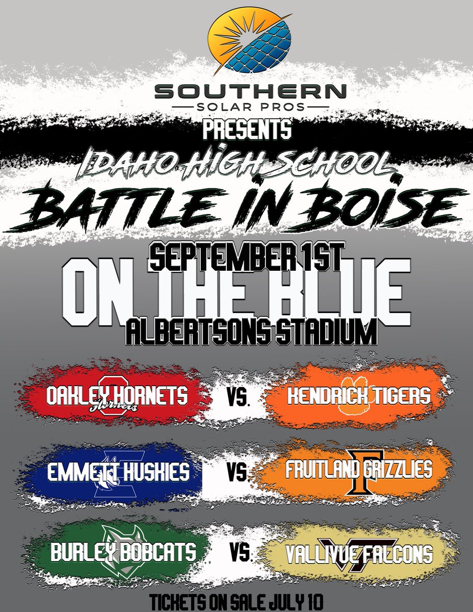 Excited to announce the 1st Annual Idaho High School “Battle in Boise”! 3 games, September 1st, Albertson’s Stadium! 3 incredible games, 6 incredible teams, players dreams to play in that stadium come true! Big thanks to BSU and Southern Solar Pros! More info to come! #idpreps