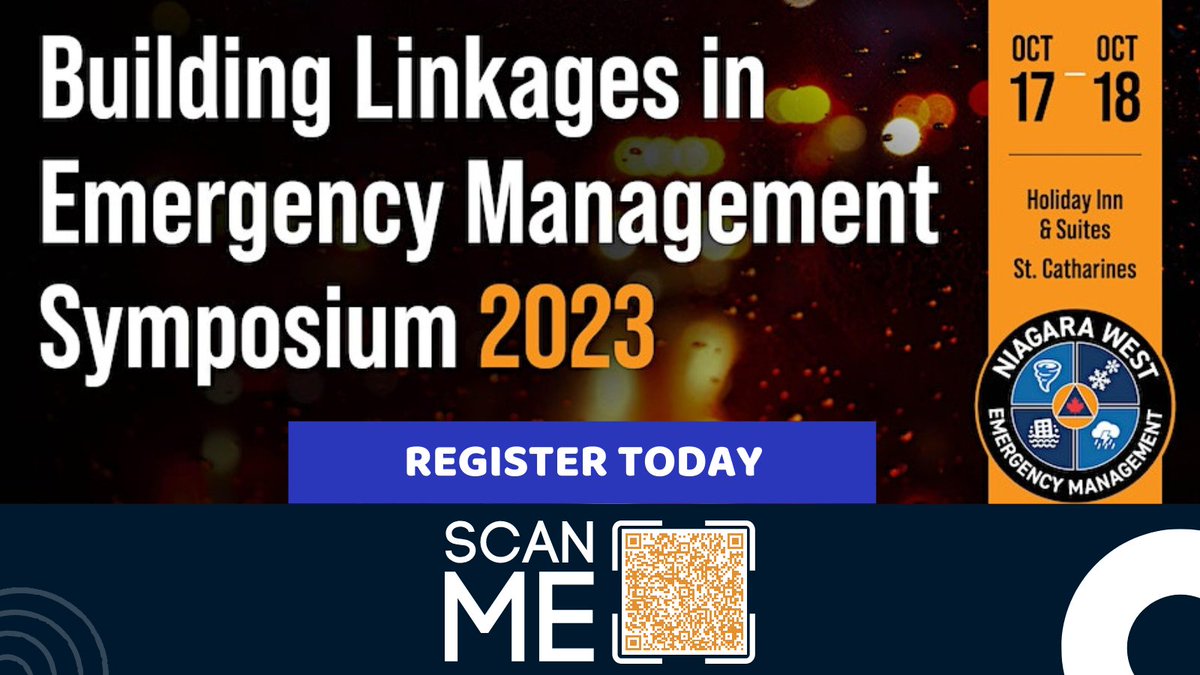 Niagara West Emergency Management's Building Linkages in Emergency Management Symposium returns on October 17-18, 2023. The symposium includes speakers from @OntarioWarnings, @TorontoOEM, @AirCanada and more! 

Register Today: ow.ly/cLb150OLZ77