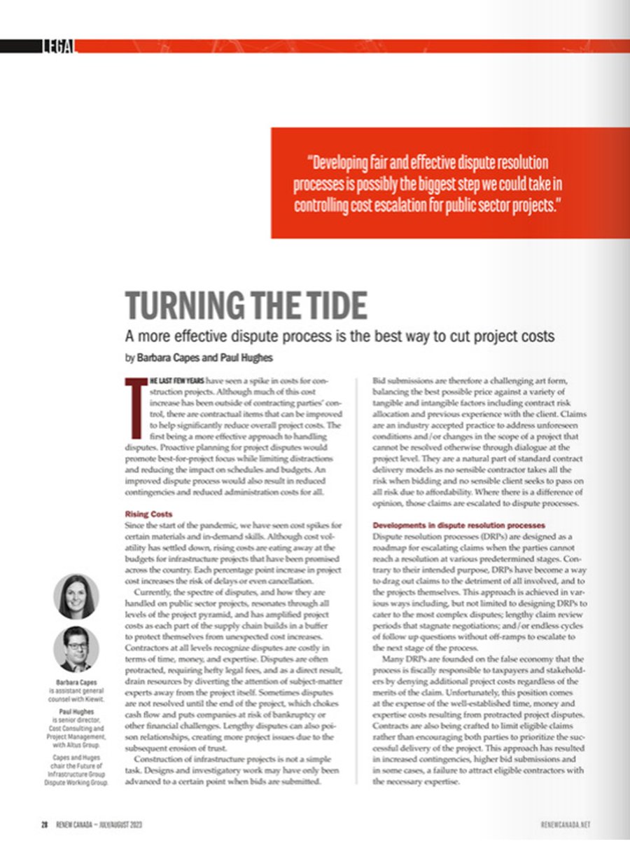Governments can reduce project costs + attract bidders with a better approach to dispute resolution. Paul Hughes <a href="/altusgroup/">Altus Group</a> &amp; Barbara Capes <a href="/kiewit/">Kiewit</a> have been leading the Future of Infrastructure Group's dispute work &amp; map the way forward in <a href="/ReNewCanada/">ReNew Canada</a> 
emagazine.renewcanada.net/?pid=MzM330011…