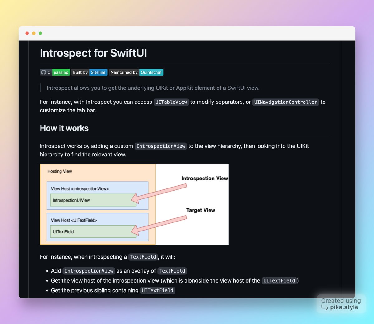 iOSDevTools's tweet image. Get your SwiftUI game on with Introspect! 🎮 Dive deep into UIKit and AppKit elements without the fuss. Play safe with public APIs and enjoy hassle-free setup via SwiftPM or Cocoapods. #SwiftUI #iOSDevTools #GameChanger