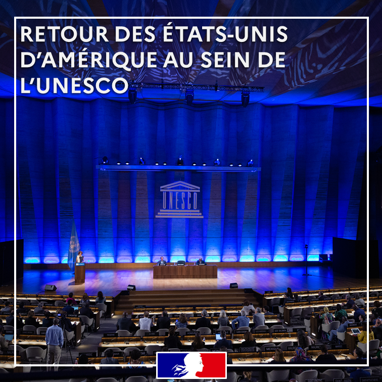 France_UNESCO's tweet photo. La France salue l’ouverture du processus du retour des #USA au sein de l’UNESCO et félicite @AAzoulay et le Secrétariat pour ses efforts consentis en ce sens. https://t.co/NCuVkUqhqD