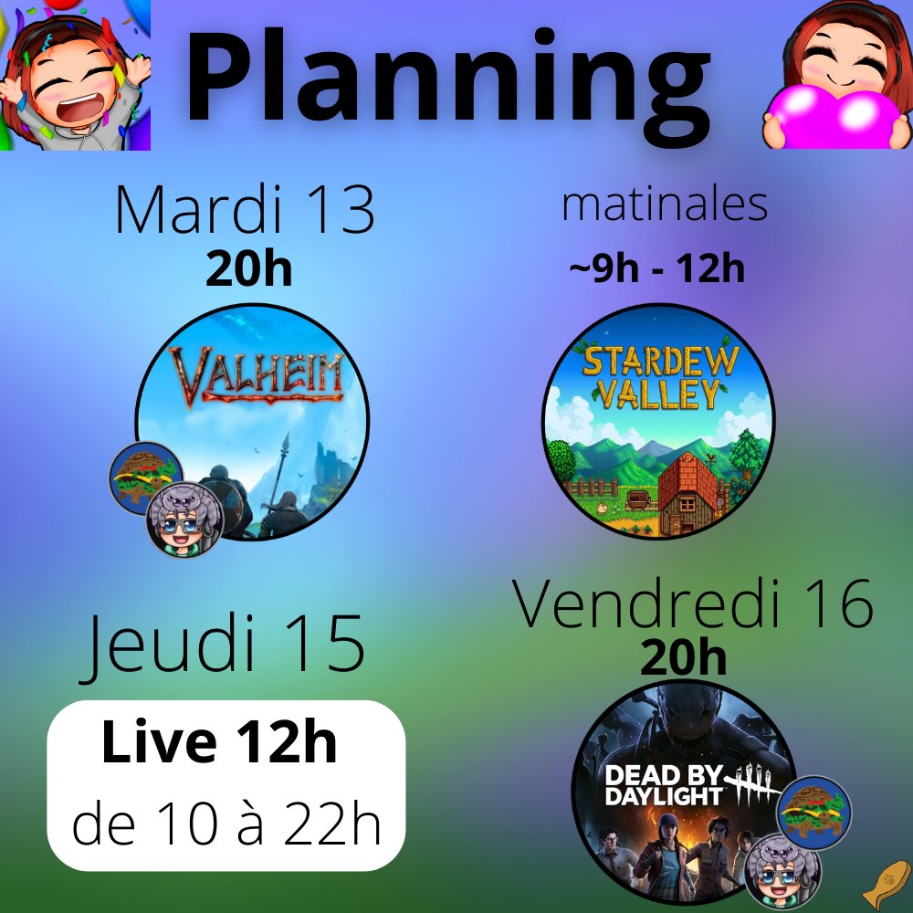 📣 Planning de la semaine📣

twitch.tv/tatakleo

#twitch #twitchfr #streameuse #petitstreamer #affiliétwitch #ttv #twitchaffiliate #live12h #DBD #stardewvalley #valheim