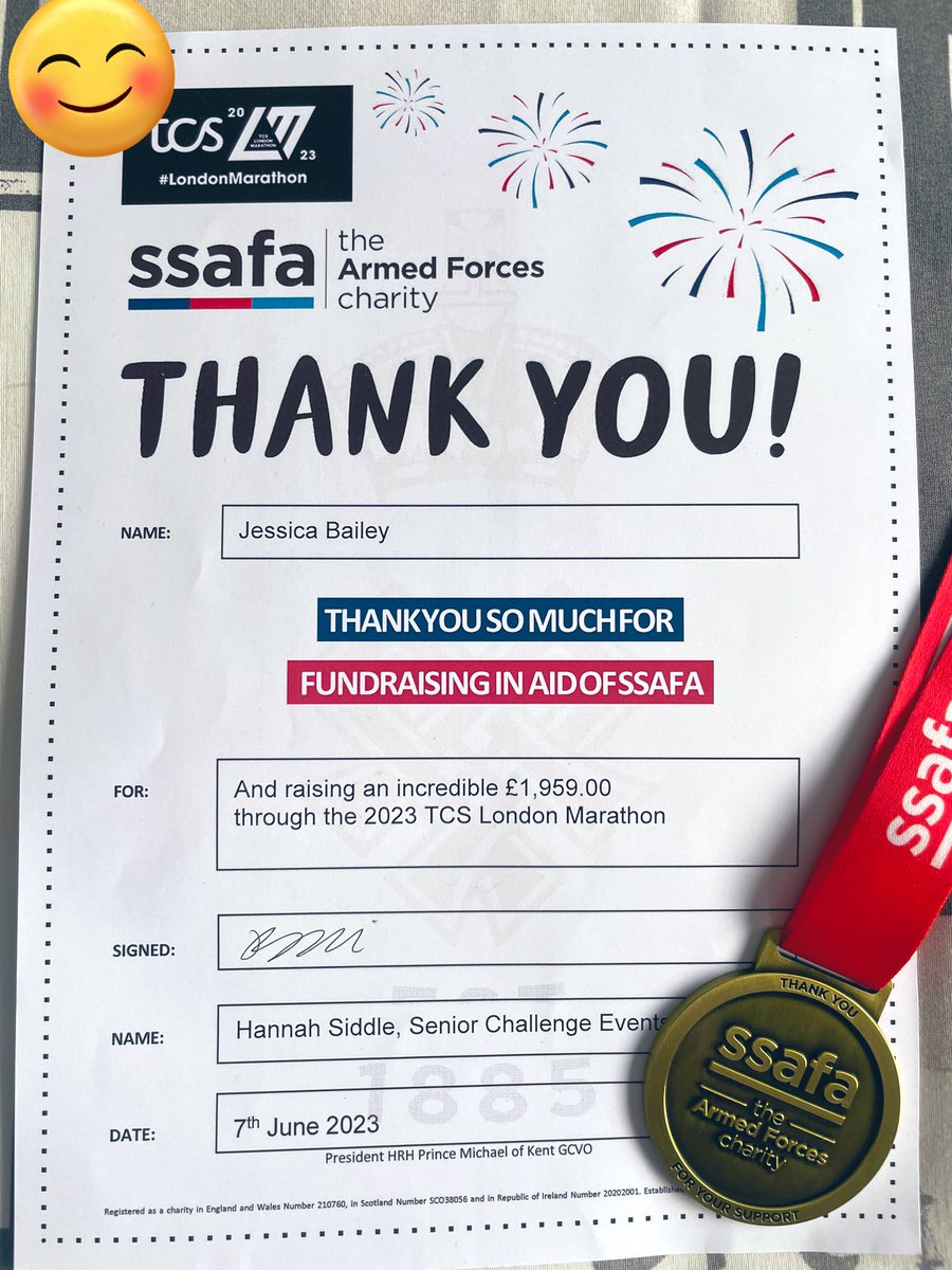 🏅 Thank you <a href="/SSAFA/">SSAFA</a>… still overwhelmed with the generosity of my friends &amp; family 🩷 

I’m on the verge of losing the first of two toe nails. 

But. 

<a href="/LondonMarathon/">TCS London Marathon</a> 2023… completed it, mate!