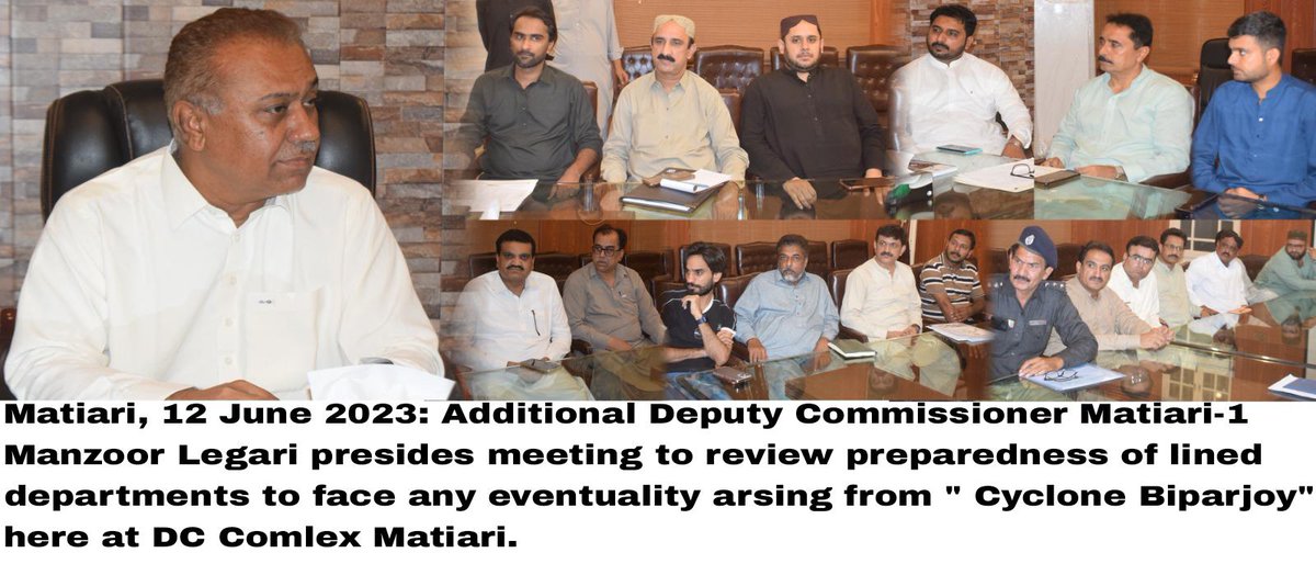 DCMatiari2K5's tweet photo. سائیکلون بائپرسے پیدا امکانی صورتحال سے نمٹنے کیلئے ایڈیشنل ڈپٹی کمشنر ون منظور لغاری کی زیر صدارت ڈسٹرکٹ کمپلیکس میں بلائے گئے ہنگامی اجلاس میں تیاریون کا جائزہ لیا گیا. https://t.co/ueoyvqTQVb