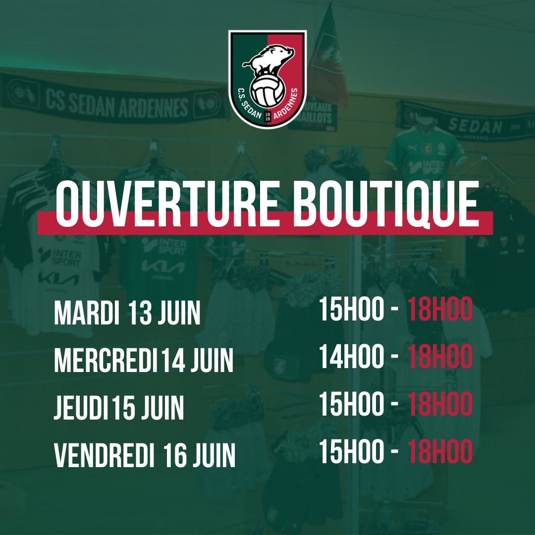 _CSSA's tweet image. ⏱ 𝗢𝘂𝘃𝗲𝗿𝘁𝘂𝗿𝗲 𝗱𝗲 𝗹𝗮 𝗕𝗢𝗨𝗧𝗜𝗤𝗨𝗘 🎁

Découvrez les horaires d’ouverture de la boutique du Stade Louis Dugauguez ! 👇