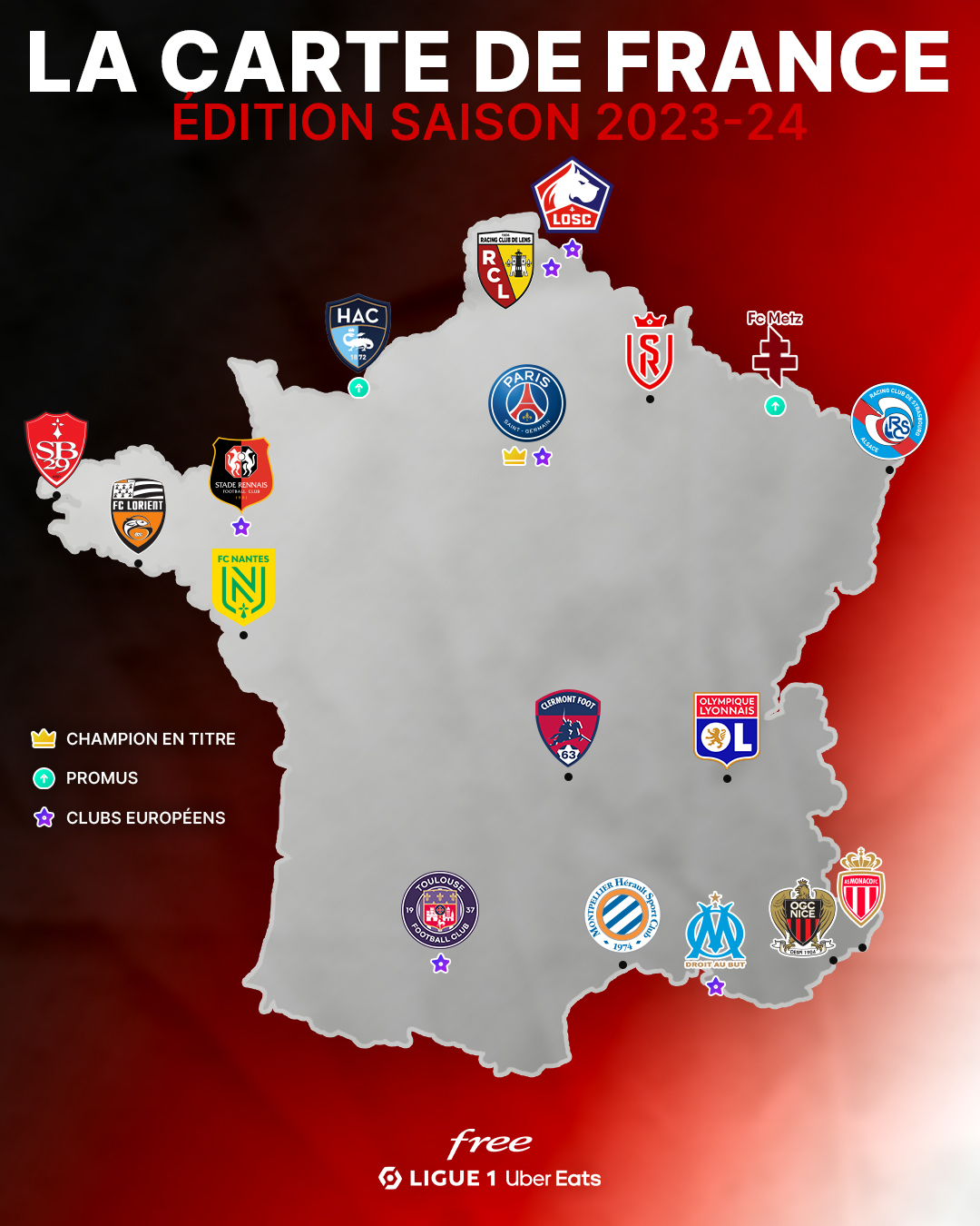 Free Ligue 1 on X: Vous l'attendiez, la voici enfin : la carte des clubs  de @Ligue1UberEats saison 2023/2024 🔥  / X