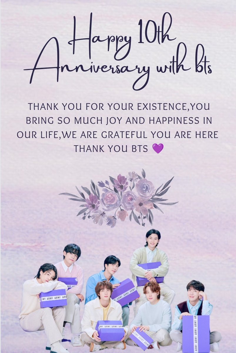 HAPPY 10TH ANNIVERSARY TO OUR EVERYTHING 💜

#BTS10thAnniversary 
#10YearsWithBTS
#10YearsOfAPOBANGPO
#BestFriendsSince10Years
#1DecadeWithBTS