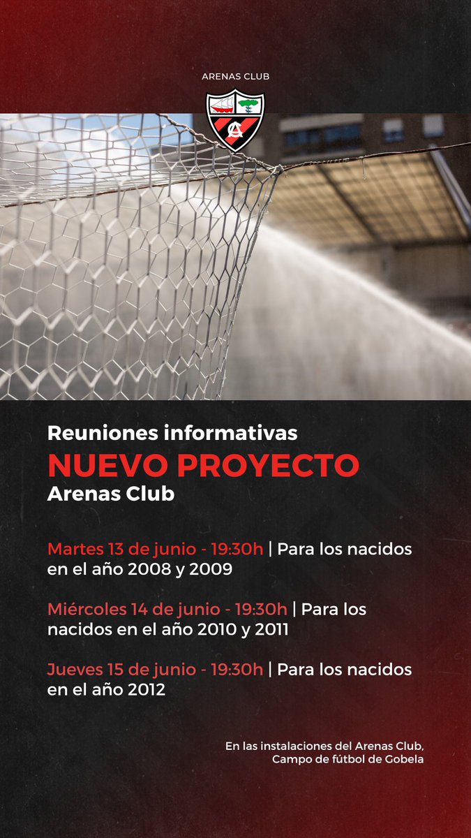 arenas_club1909's tweet photo. ⚠️ Recordad, las reuniones informativas sobre la cantera del Arenas Club tendrán lugar los próximos días en las oficinas del Arenas Club, en las instalaciones de Gobela. https://t.co/xoKvIjPD8T