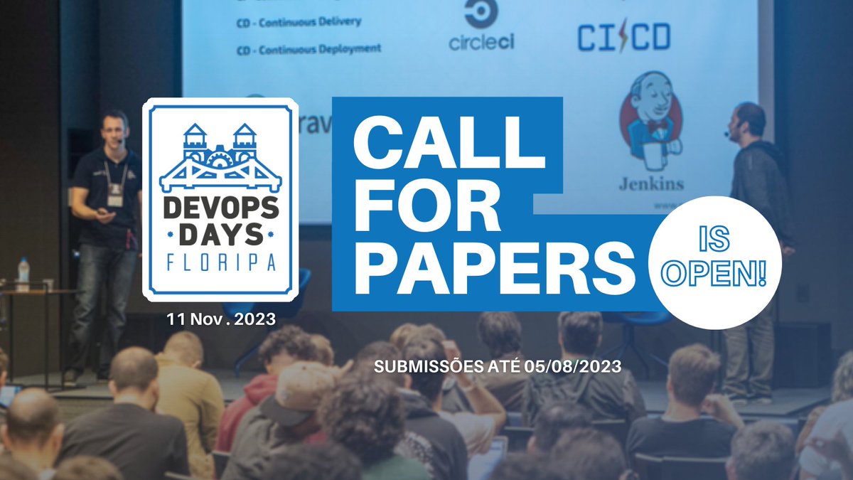 📢 Chamada para Palestras - DevOpsDays Florianópolis 2023! 🚀 

Estamos de volta!

🗓️ Envie sua proposta até 05/08/2023 e compartilhe seu conhecimento com a comunidade:
papercall.io/devopsdays-fln…

#DevOpsDaysFLN2023 #CFP #DevOpsDays #DevOpsDaysFLN