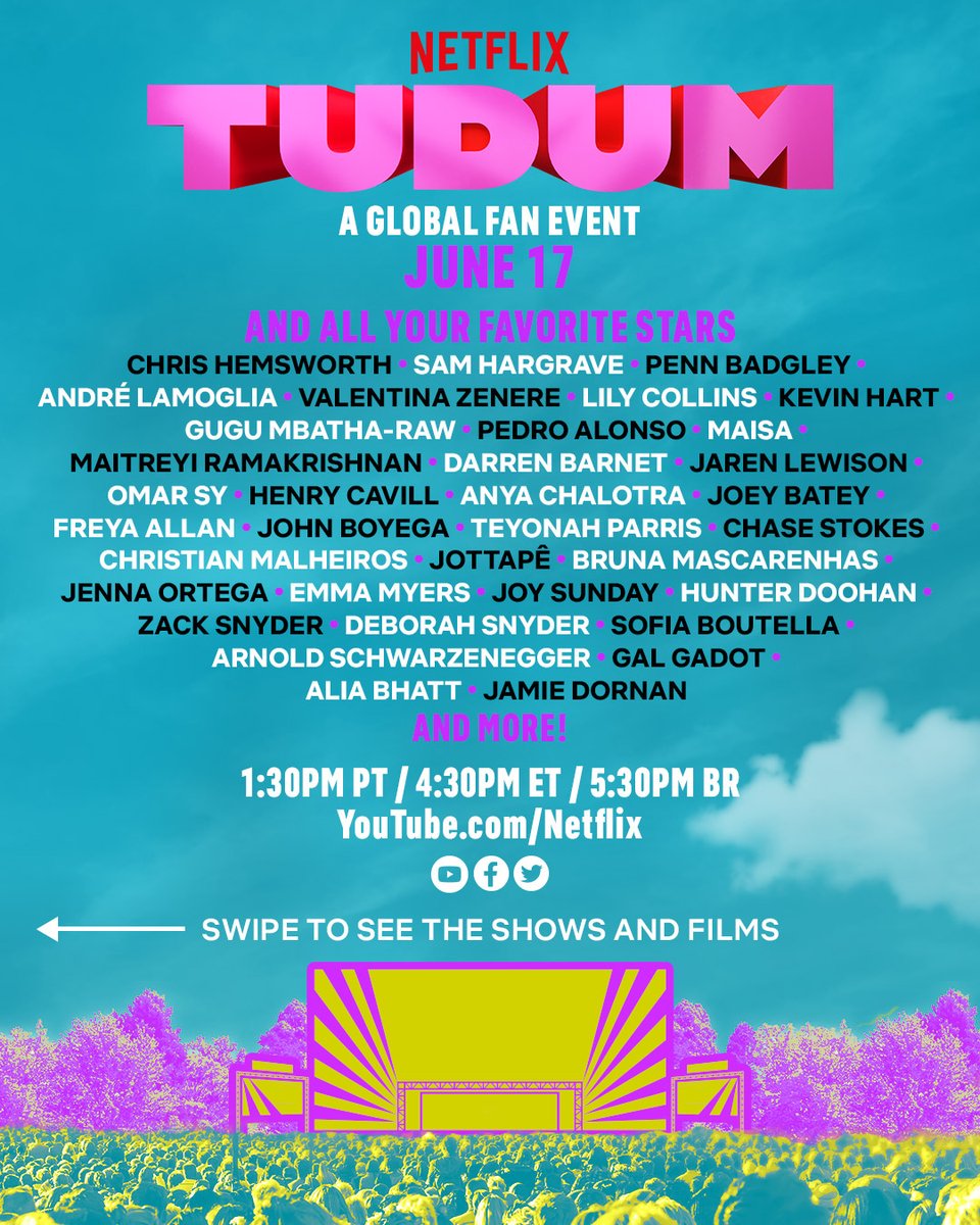 Your favorite stars are inviting you to  #TUDUM: A Global Fan Event live from Brazil!

Prepare yourself for a day filled with sneak peeks and major surprises when the global fan event streams live June 17 on youtube.com/watch?v=5QoATG… at 1:30 pm PT.