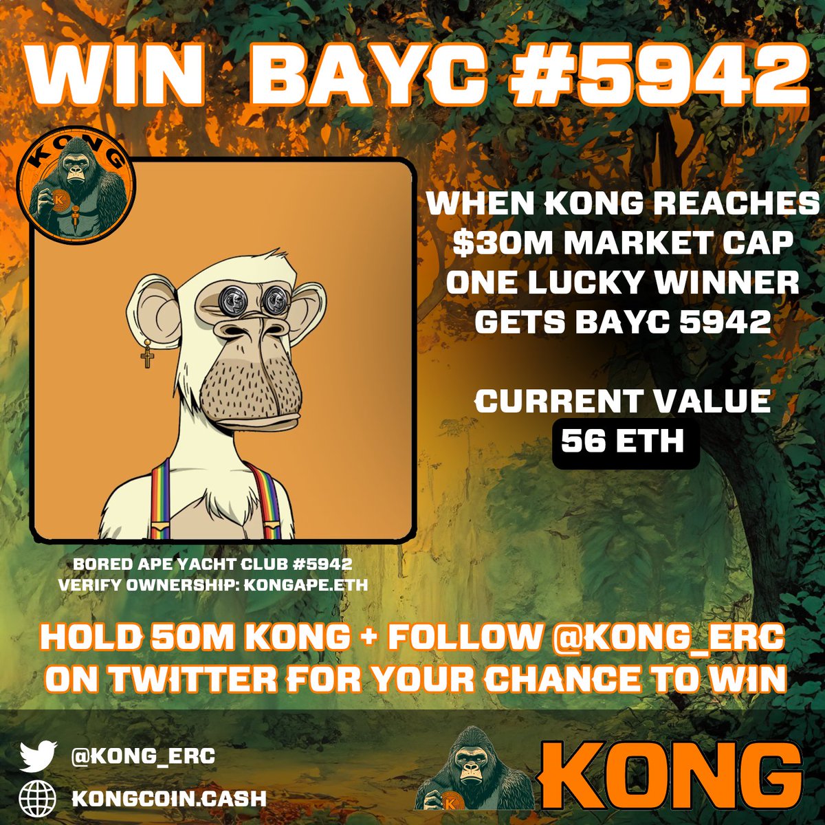 KONG_ERC's tweet image. Ready to win @BoredApeYC #5942?   Here&apos;s how:

- Follow @KONG_ERC 
- Like + RT this tweet
- Comment your wallet or ENS below
- Make sure the wallet holds minimum 50M $KONG

When KONG hits $30M market cap one lucky winner will receive BAYC 5942. 

🤝 Apes Together Strong.  LFG!