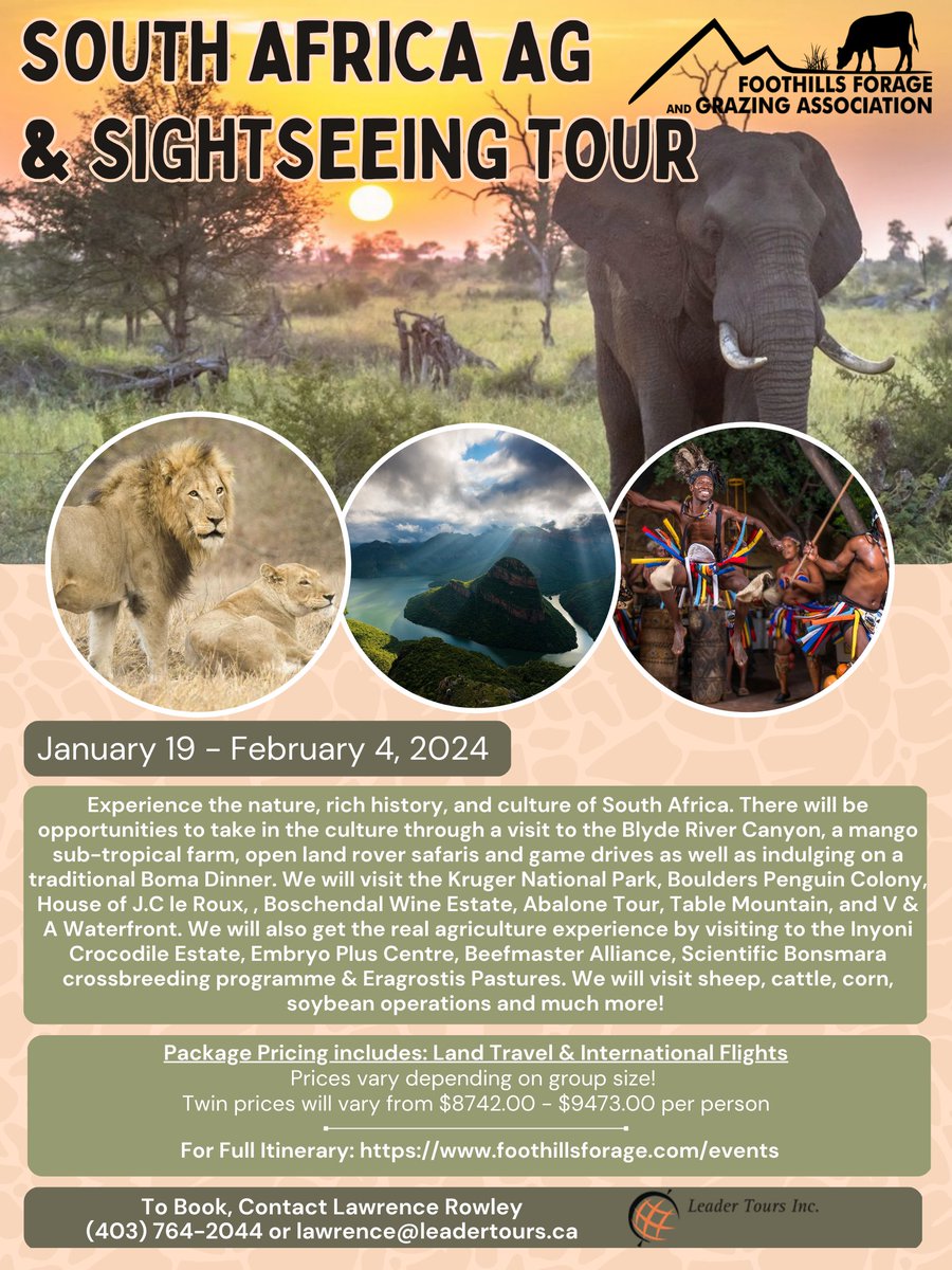 Deadline to book for a trip of a lifetime is July 15th, 2023!! South Africa Ag &amp; Sightseeing Tour is something you won't want to miss. 🐘

For full details see the attached draft itinerary and booking form at: foothillsforage.com/southafrica