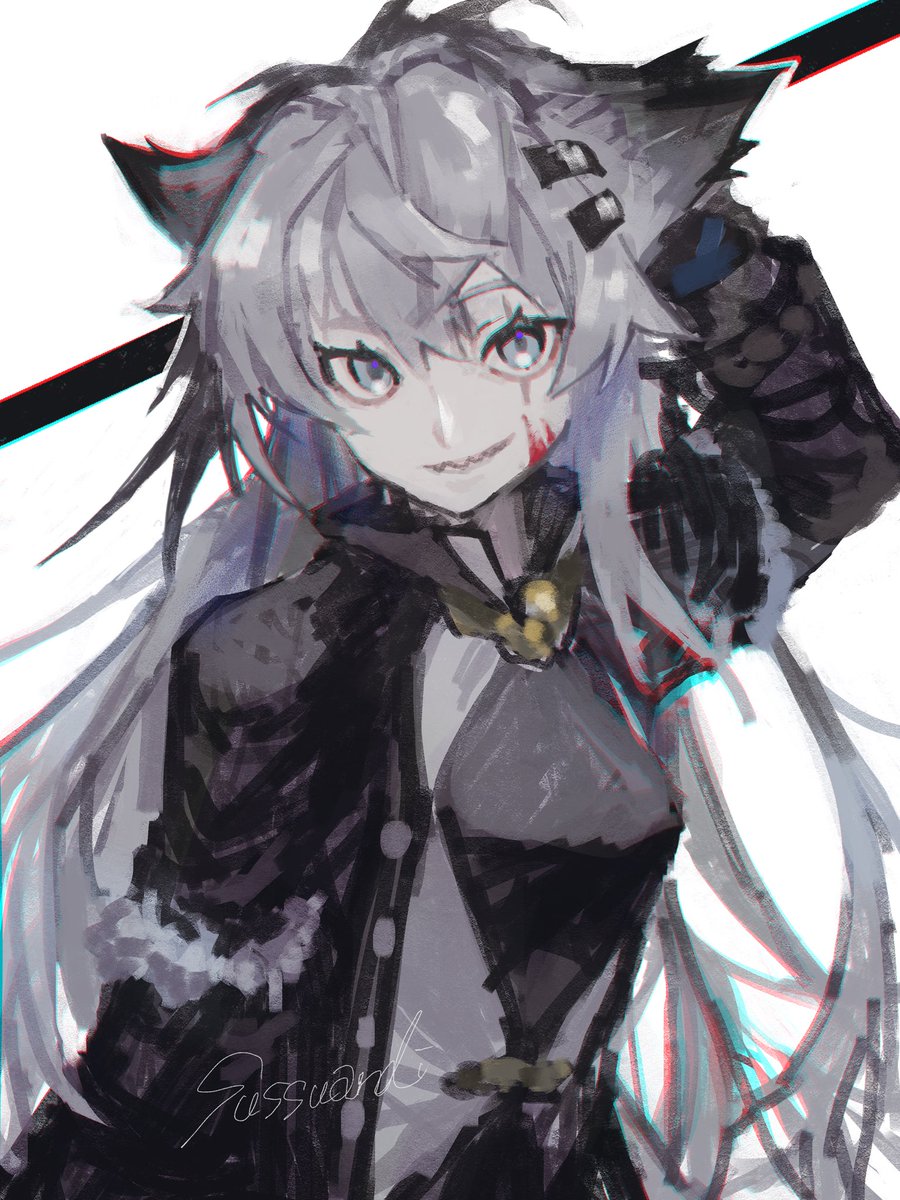 lappland (arknights) 1girl solo animal ears long hair wolf ears sharp teeth grey eyes  illustration images