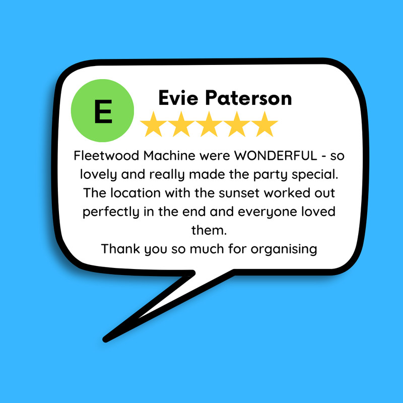 A lovely review from Evie who had our outstanding Fleetwood Mac tribute act, Fleetwood Machine, at her wedding last weekend!

Check out Fleetwood Machine here: rb.gy/ro3te