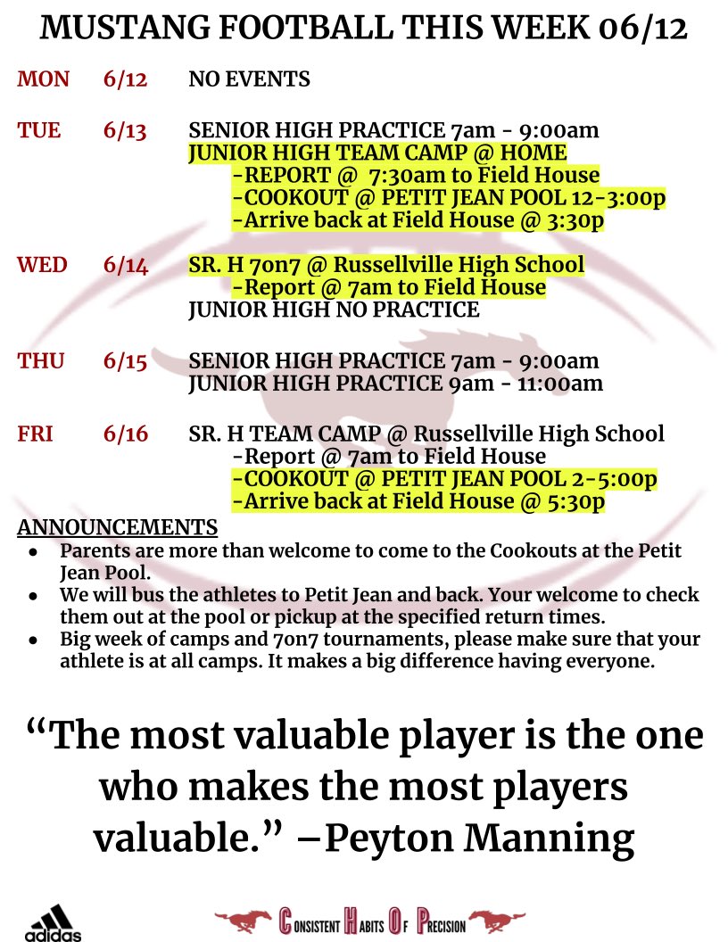 Big week of camps, 7on7s, and cookouts! Lets get better this week and enjoy the brotherhood! Go Mustangs! #DUB depend upon brothers