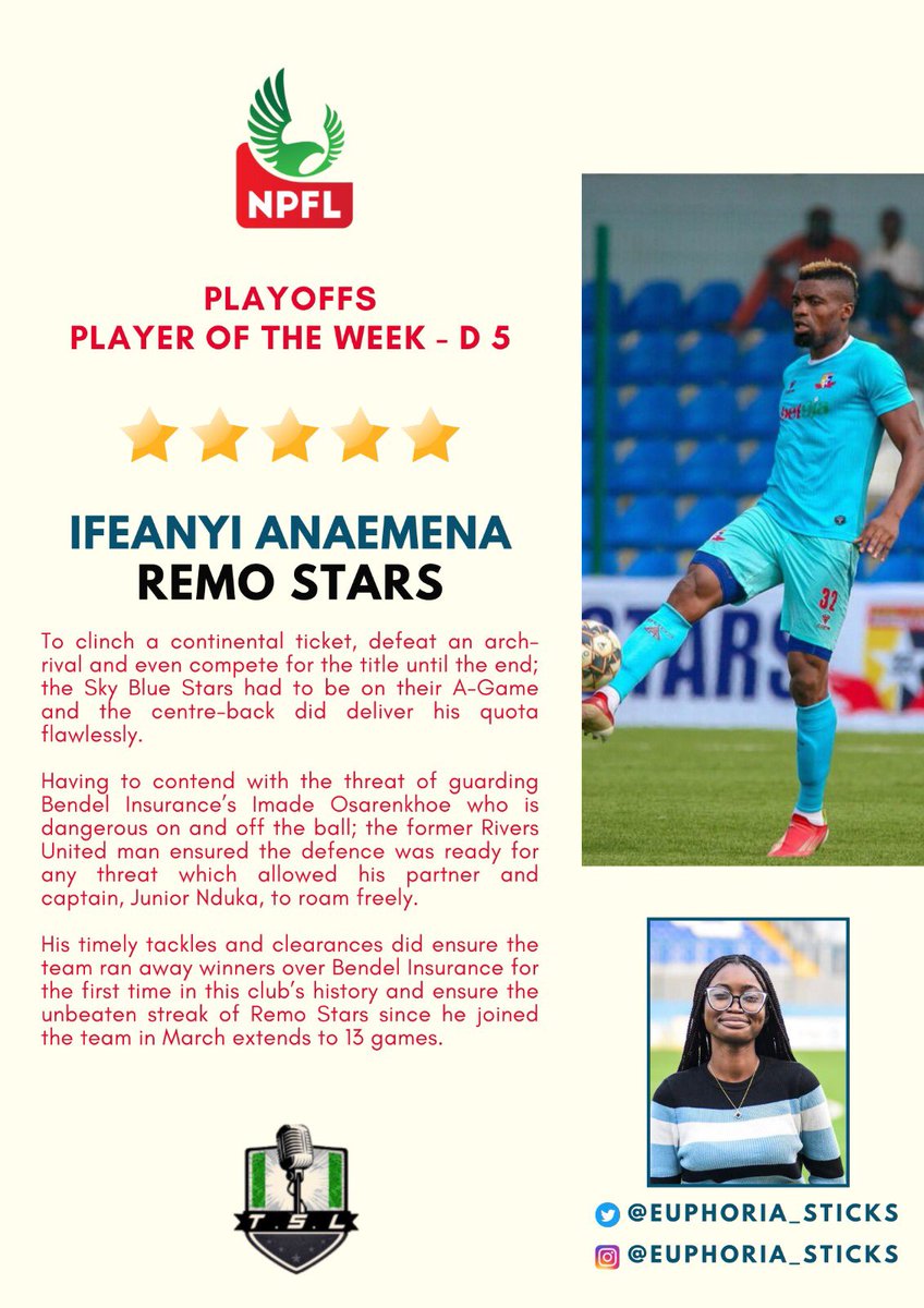 For the final time in the 2022/23 NPFL season; here is @HomeofTSL’s POTW.👏🏼

#NPFL23ChampionshipPlayoff 
#NPFL23Super6