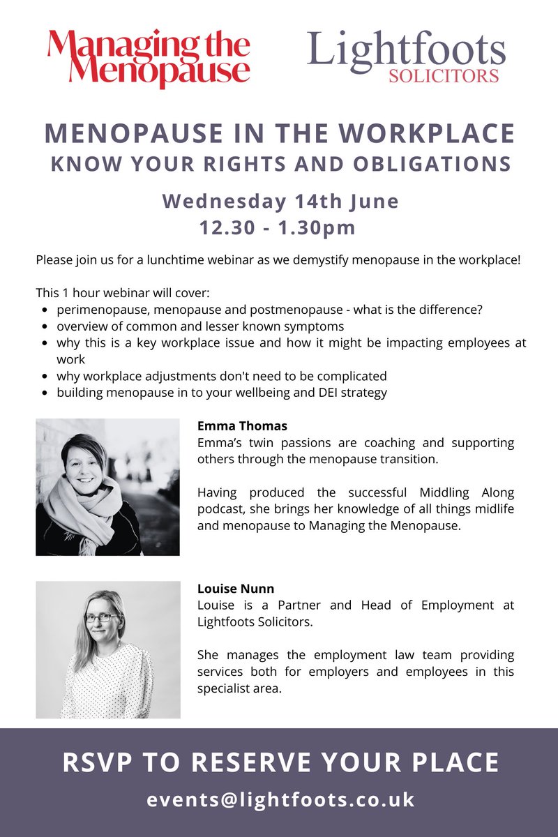 Just two days to go until our 'Menopause in the workplace' webinar.  This event helps organisations looking to better understand and support employees going through the menopause. 

RSVP to events@lightfoots.co.uk to book your place. #menopauseintheworkplace #employmentlaw