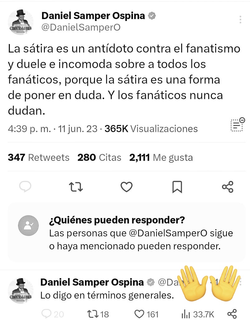 Isabel Zuleta (@isazuleta) on Twitter photo Piden respeto pero no saben darlo.
El señor <a href="/DanielSamperO/">Daniel Samper Ospina</a> no sólo no respetó la dignidad del invitado sino el hecho de que en la entrevista estaba en servicio. El General hizo lo correcto, los puso en su sitio, Samper no debió leer esa columna en su presencia.
¿En dónde están Piden respeto pero no saben darlo.
El señor <a href="/DanielSamperO/">Daniel Samper Ospina</a> no sólo no respetó la dignidad del invitado sino el hecho de que en la entrevista estaba en servicio. El General hizo lo correcto, los puso en su sitio, Samper no debió leer esa columna en su presencia.
¿En dónde están