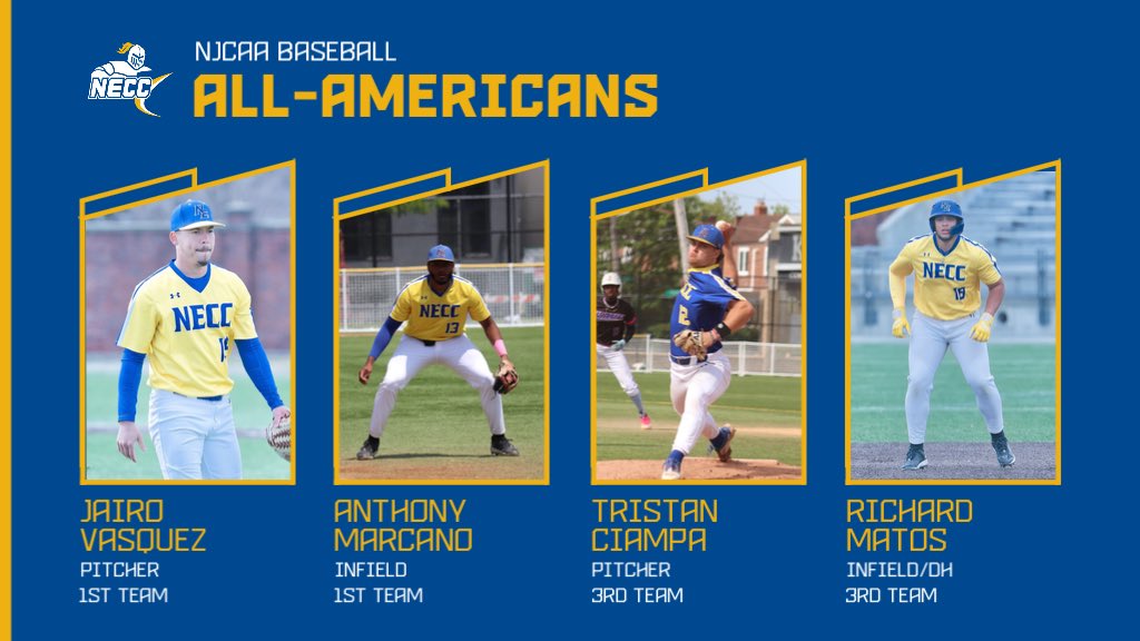 NECCKNIGHTS's tweet image. A record four Knights @NEKnightsBase named @njcaabaseball All-Americans. Marcano and Vasquez earn First Team honors @NECCPrez @NorthernEssex