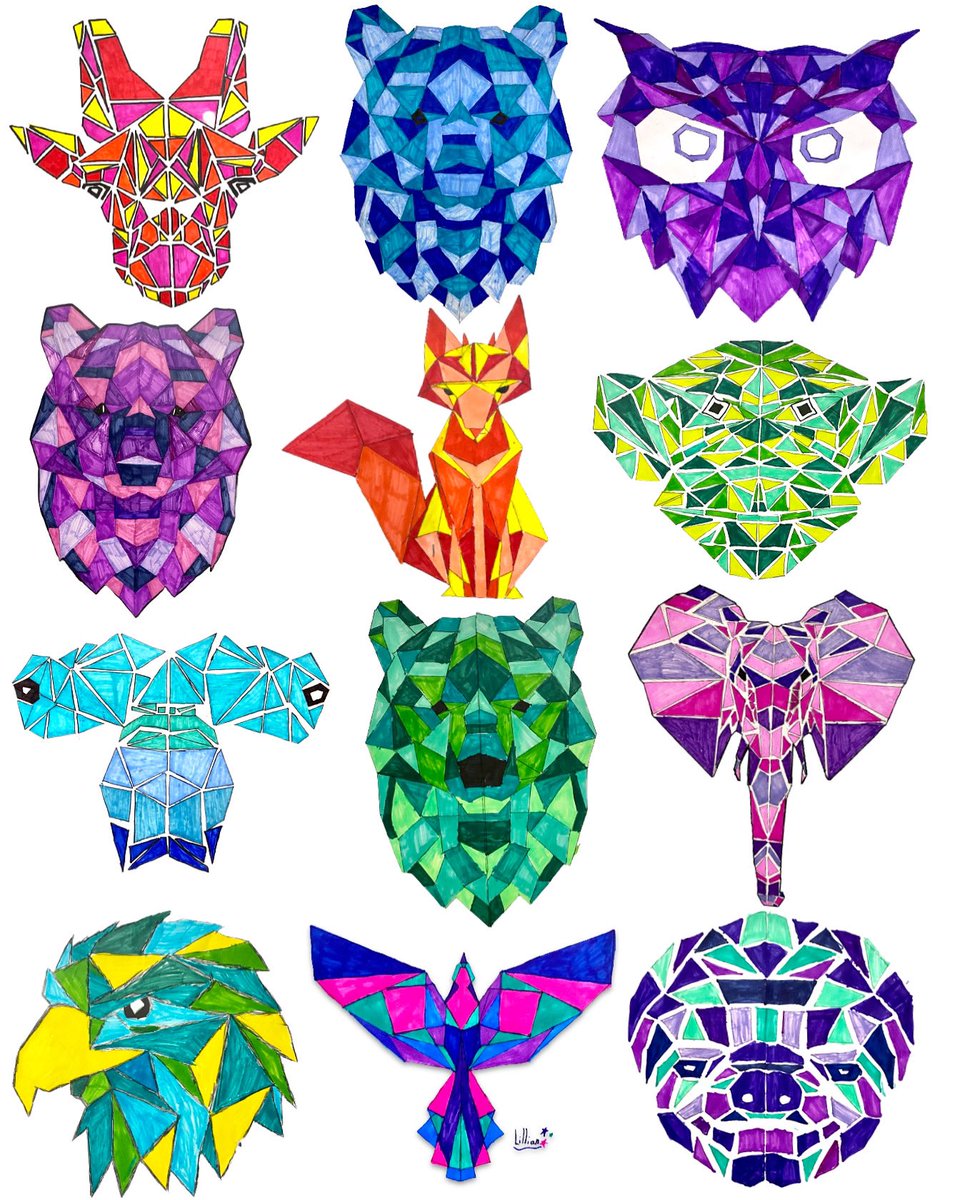 Grade 5 &amp; 6 monochromatic geometric animals. A labour of love &amp; one of my favourite projects to teach because of how it transforms the art room. Making art should be enjoyable &amp; this project gives the kids a chance to talk, laugh, learn &amp; connect. <a href="/TLDSB/">TLDSB</a> #artclass #elementaryart