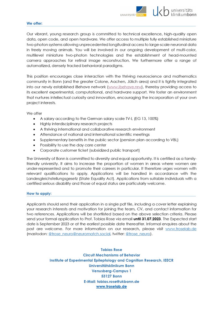 Job: The research group 'Circuit Mechanisms of Behavior' of Prof. Tobias Rose (@trose_neuro) at IEECR, UKB is seeking a full-time postdoctoral researcher, 3-years position with possibility of extension. Visit: troselab.de Apply by July 31, 2023 #postdoc #job #career