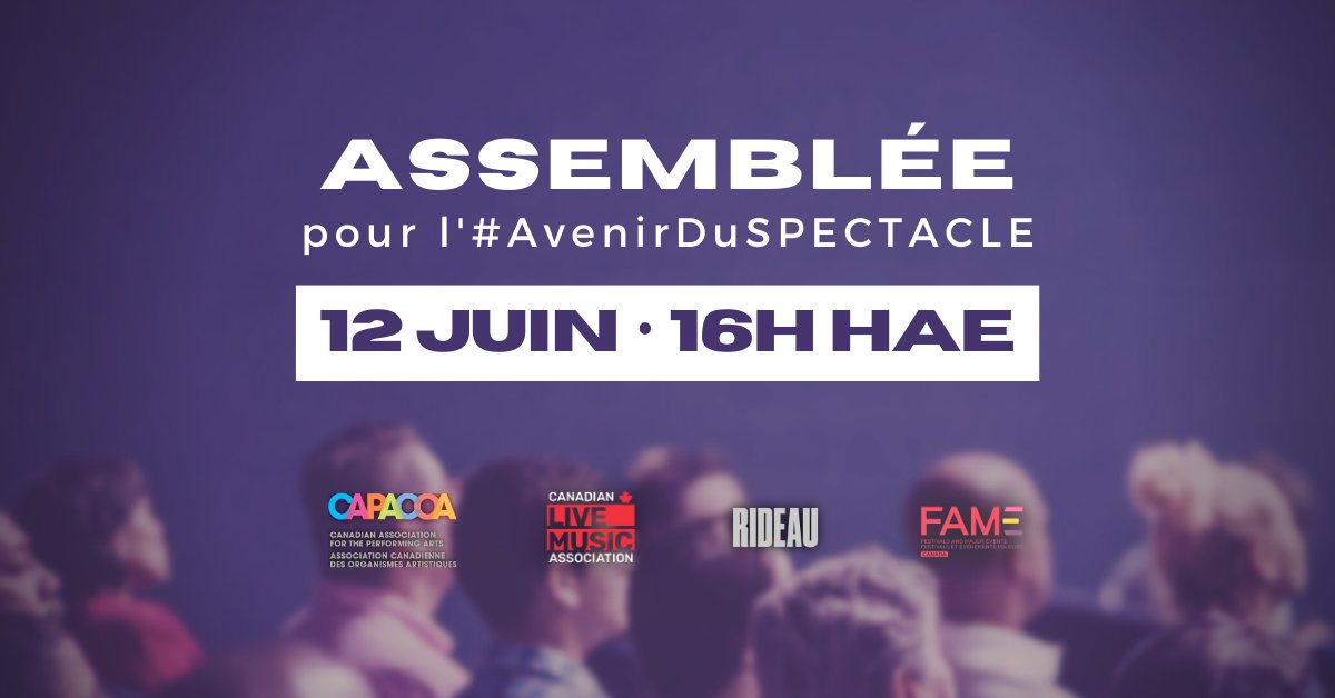 Deux mois depuis le #Budget2023 et, déjà, on entend parler des coupures du FCPA et DCAP. Agissons ensemble! Rejoignez-nous à 16h (HAE) pour une assemblée #AvenirDuSPECTACLE ✨ Inscrivez-vous: bit.ly/43AfSho <a href="/CAPACOA/">CAPACOA</a> <a href="/MajorEventsCa/">FAME Canada</a> <a href="/Canadian_Live/">Canadian Live Music Association</a> <a href="/RIDEAU_1/">RIDEAU</a> <a href="/atlanticpres/">Atlantic Presenters</a>
