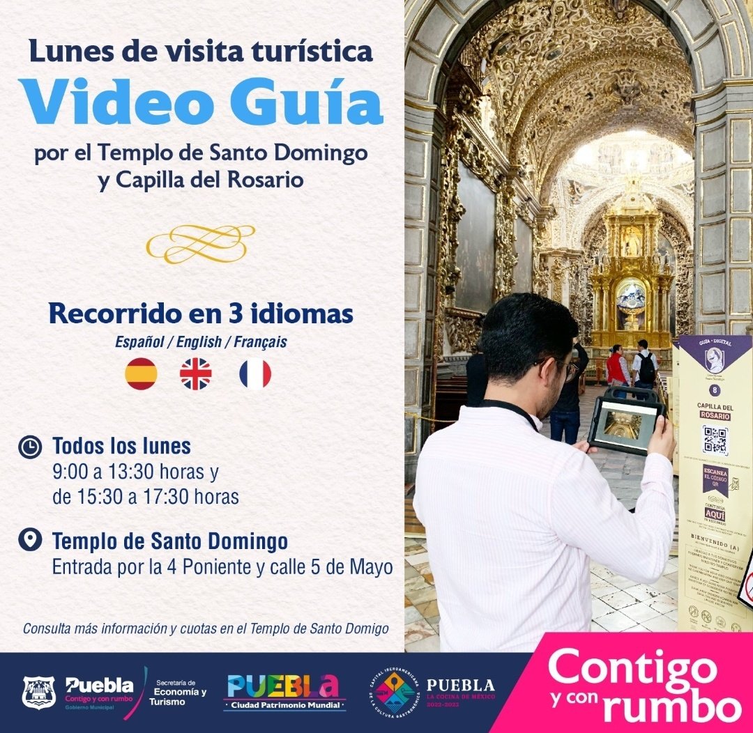 VisitaPuebla's tweet photo. ¡Hoy es lunes de visita turística!

⛪ Ya está disponible la Guía Virtual para el Templo de Santo Domingo y Capilla del Rosario en Español, Inglés, Francés y Alemán.

Disfruta el recorrido de esta maravilla qué tenemos en la hermosa ciudad de #Puebla. 

#ElBuenRumboSigue https://t.co/2nZTfOYuBw