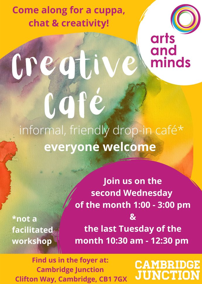 Creative Café at the Junction is coming; A drop in café where participants can chat, be creative, and build communities with a complimentary cuppa! This is a twice monthly event, see flyer for details or speak to our #CommunityNavigators

#Wellbeing #ArtsAndMinds #CreativeCafe