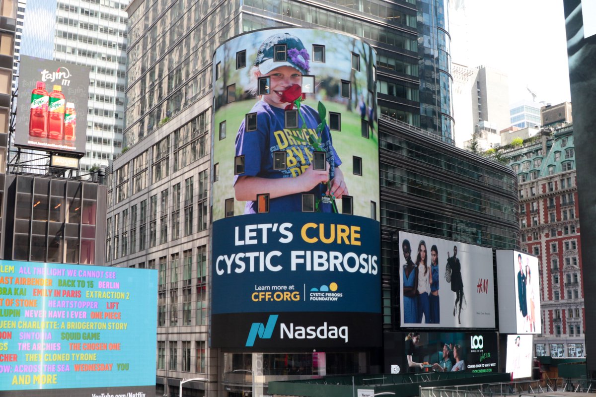 In recognition of 65 Roses Day last week, we were honored to be featured on the @Nasdaq Tower in @TimesSquareNYC! A big thank you to the CF community for your continued support. #CFAwareness