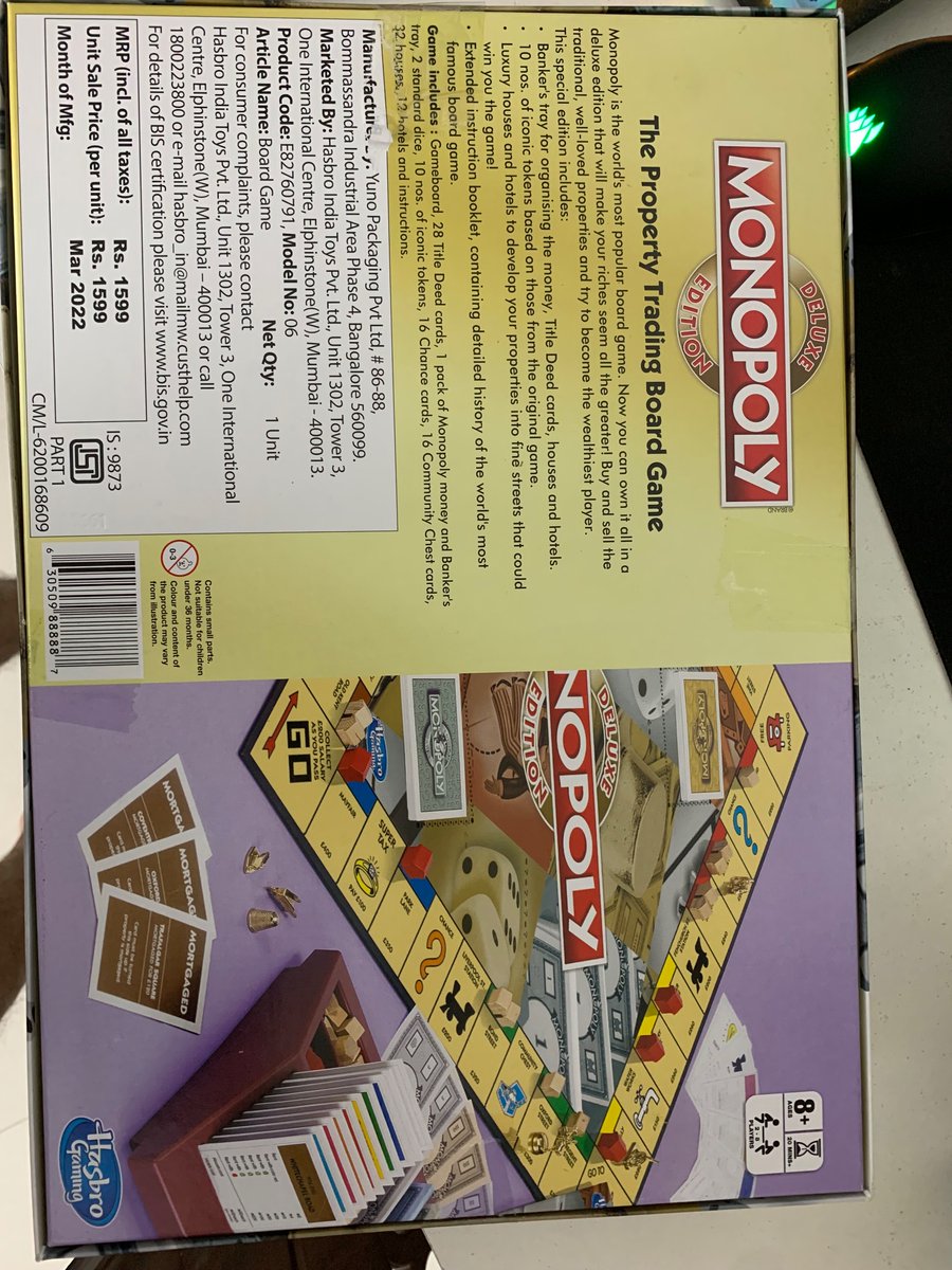 ApoorvLabs's tweet photo. @Hasbro @funskoolindia @HamleysOfficial Monopoly deluxe edition advertises wooden houses and hotels but comes with plastic ones inside the box. Went to multiple hamleys outlets as well as e-commerce stores - case of false advertising? Pls advise. https://t.co/gabueQ4t9G