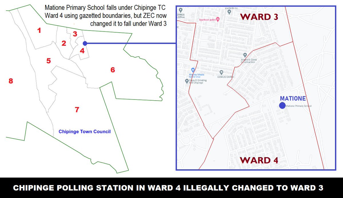 PacheduZW's tweet photo. In Chipinge town, ZEC has moved one of the polling stations, Matione Primary School, from the gazetted final delimitation Ward 4 to Ward 3.

These changes imply secret boundary changes and this is patently illegal and unconstitutional.

ZEC must explain to the nation.

@ZECzim https://t.co/cWqCk9Qekt