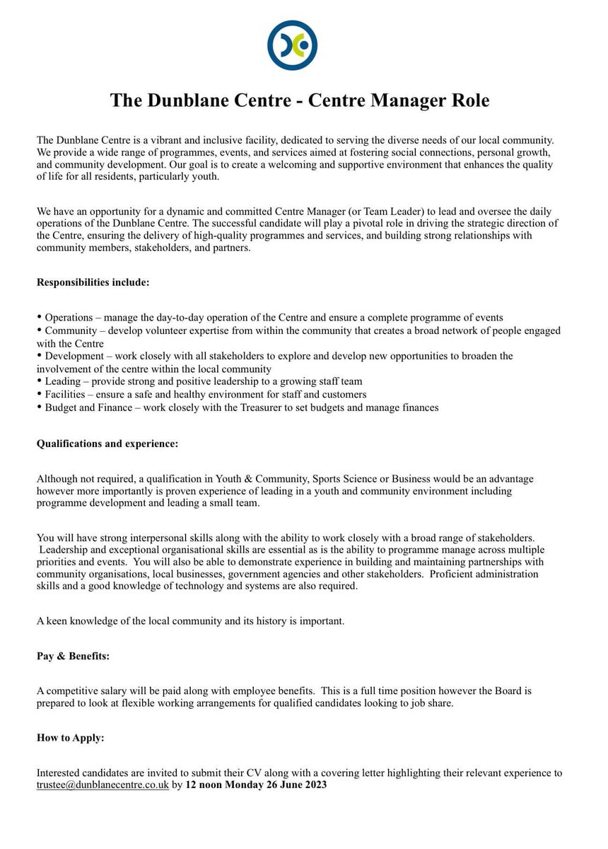Dunblane.info (@dunblaneinfo) on Twitter photo Dunblane Centre <a href="/DunblaneCentre/">Dunblane Centre</a> has a job vacancy for Centre Manger (or Team Leader). Closing date 12 noon Monday 26 June
m.facebook.com/story.php?stor… Dunblane Centre <a href="/DunblaneCentre/">Dunblane Centre</a> has a job vacancy for Centre Manger (or Team Leader). Closing date 12 noon Monday 26 June
m.facebook.com/story.php?stor…