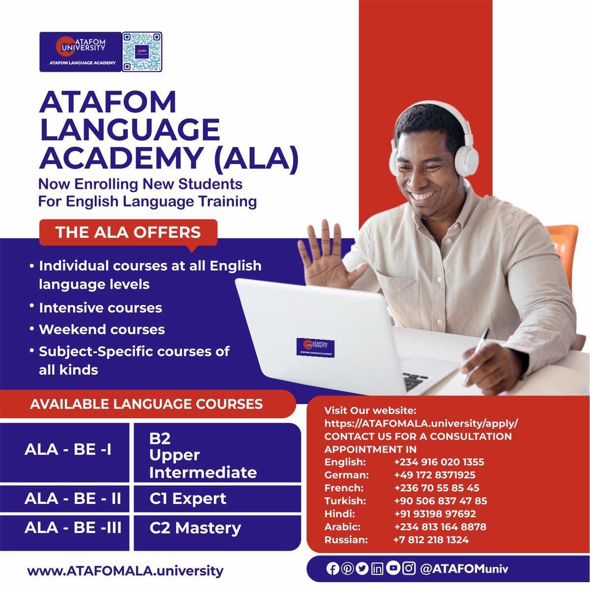 Experience top-notch education with us!

ATAFOM Language Academy (ALA) now enrolling new students for English Language Training.  Don't wait, apply now!

ATAFOMALA.university/apply

#onlinecampus #ATAFOMonlinecampus #onlinelearning #Learning #Education #Student #inspiration