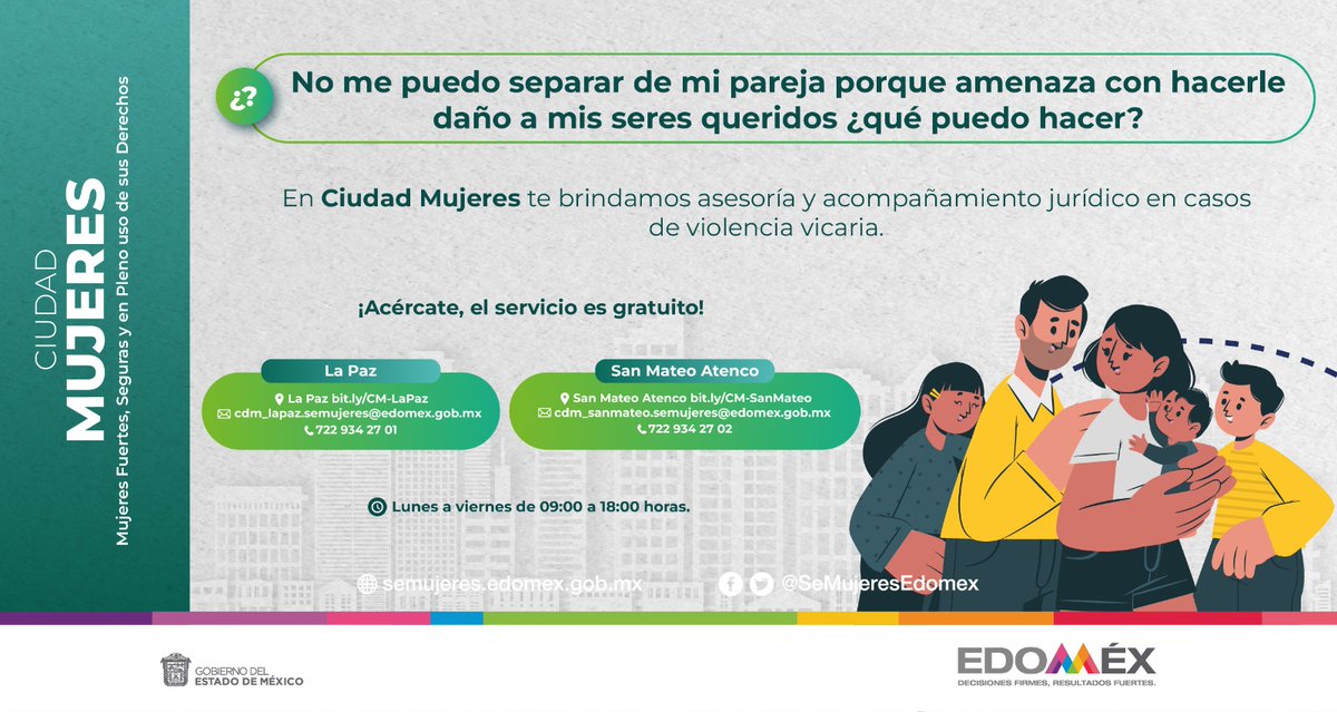 En #CiudadMujeres puedes recibir apoyo y asesoría especializada en materia de violencia vicaria. 
Acércate a #LaPaz o #SanMateoAtenco.
¡No estás sola!