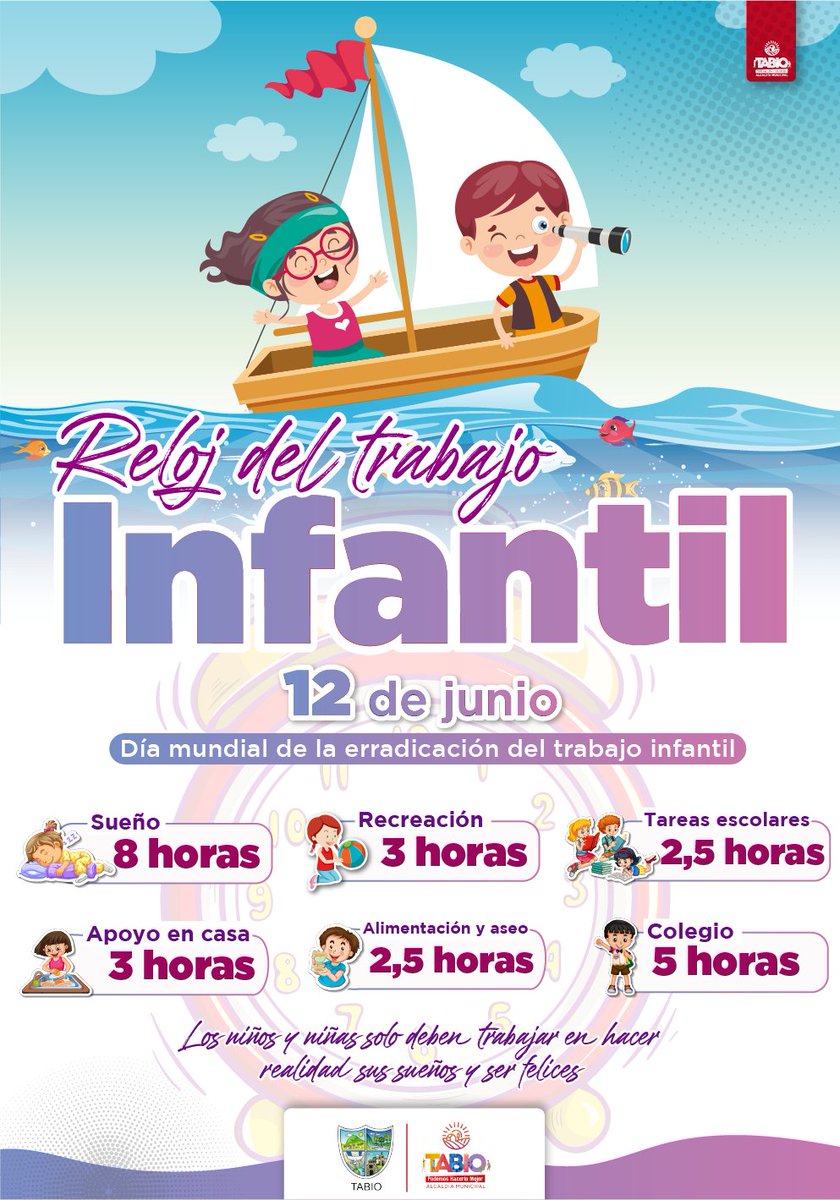En el #DíaMundialContraElTrabajoInfantil generamos conciencia para que todos que estemos  comprometidos con la erradicación de este flagelo.
Por eso te damos a conocer en este reloj, algunas pautas para que los niños tengan una ocupación sana de su tiempo.