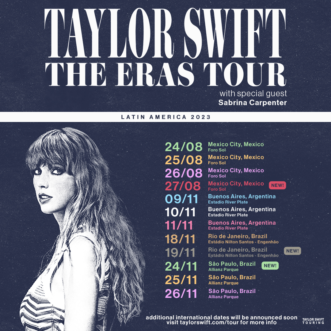 Three more dates added, cuz we’ve waited our whole life! 👏 

♥️ August 27 - Mexico City, Mexico 
🖤 November 19 - Rio de Janeiro, Brazil 
💚 November 24 - São Paulo, Brazil 

Visit taylorswift.com/tour for more info on these newly added #TSTheErasTour shows!