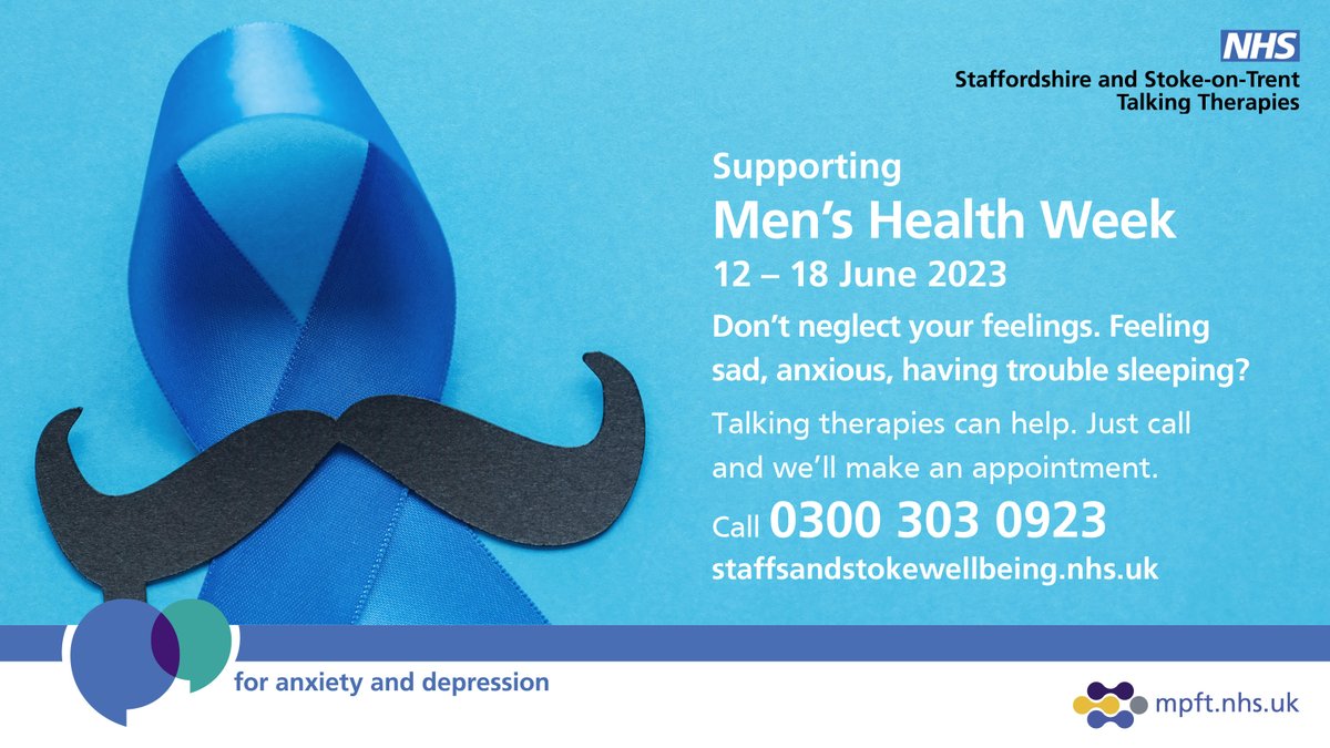 Staffs & Stoke NHS Talking Therapies (@mpftwellbeing) on Twitter photo It's perfectly okay for men to feel depressed. And we can help you feel better. Just call to make an appointment. Totally free and confidential <a href="/WombourneParish/">Wombourne Parish Council</a> <a href="/ClinLeadWBM/">Sarah Watts</a> <a href="/saracburton/">SARAC Burton</a> <a href="/healthwatchsot/">Healthwatch Stoke</a> <a href="/Rights4Stafford/">Community Organisers (Stafford)</a> <a href="/TamworthReads/">Tamworth Book Club</a> <a href="/TogetherCIC/">CommunityTogetherCIC</a> <a href="/StokeSams/">Stoke Samaritans</a> #MensHealthWeek It's perfectly okay for men to feel depressed. And we can help you feel better. Just call to make an appointment. Totally free and confidential <a href="/WombourneParish/">Wombourne Parish Council</a> <a href="/ClinLeadWBM/">Sarah Watts</a> <a href="/saracburton/">SARAC Burton</a> <a href="/healthwatchsot/">Healthwatch Stoke</a> <a href="/Rights4Stafford/">Community Organisers (Stafford)</a> <a href="/TamworthReads/">Tamworth Book Club</a> <a href="/TogetherCIC/">CommunityTogetherCIC</a> <a href="/StokeSams/">Stoke Samaritans</a> #MensHealthWeek