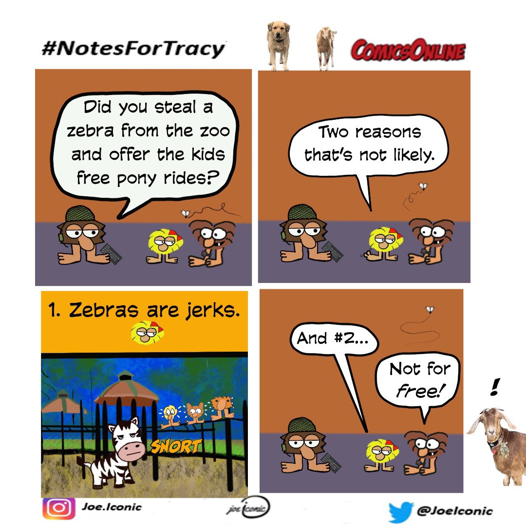 Zebras are jerks.  Ask any zookeeper.  Also, thank you to guest artist Katie for the zebra sketch! #notesfortracy #comicsonline #webcomics #comics  #comicstrip #comicstrips #webcomic  #🟦  #kidscomics #instacomics
