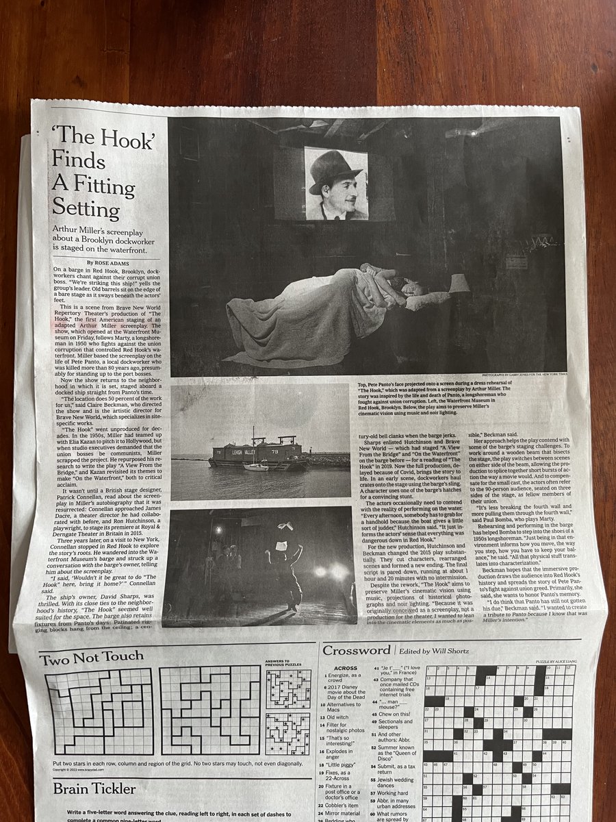 My story's in print today! A forgotten Arthur Miller screenplay about Red Hook is getting its US debut in a century-old Red Hook barge. Read all about it above the crossword puzzle! nytimes.com/2023/06/09/the…