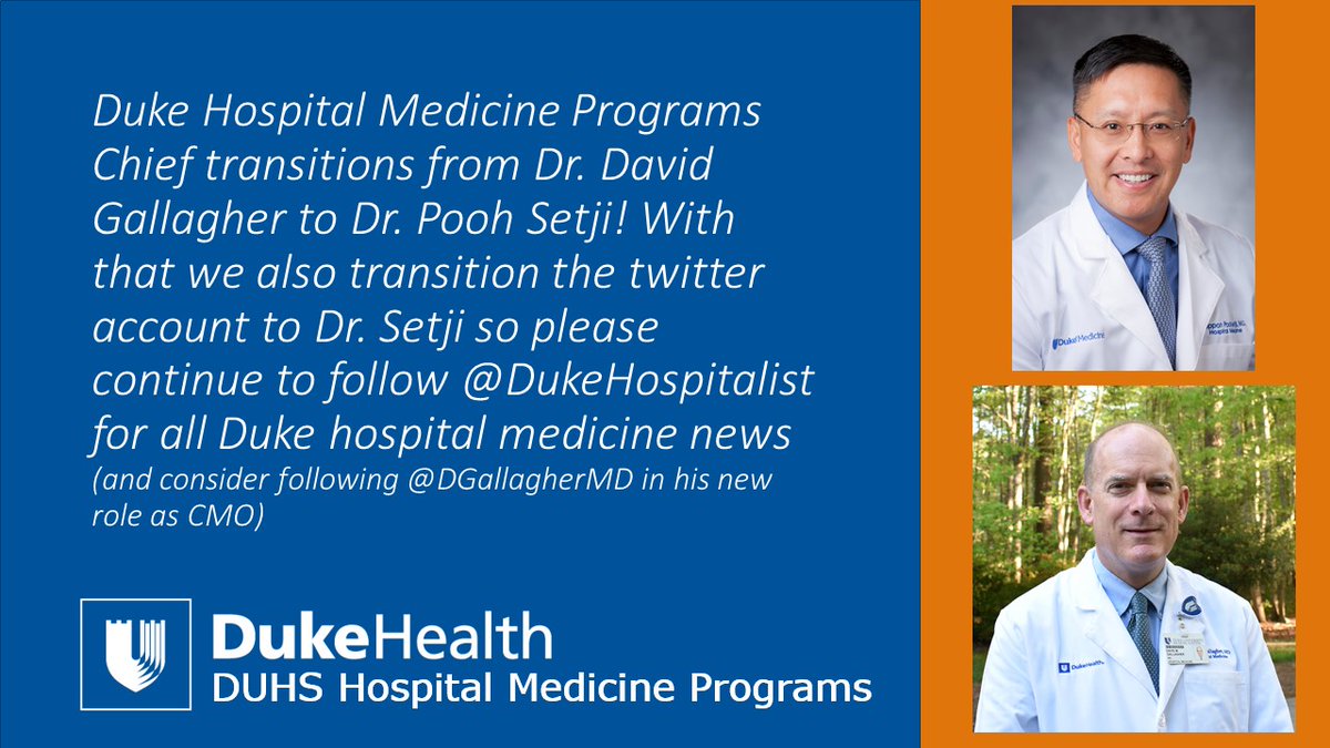 Duke Hospital Medicine Programs’ leadership changes from Dr Gallagher to Dr. Pooh Setji as Interim Chief! Also, we transition Twitter account ownership for <a href="/DukeHospitalist/">Duke Hospital Medicine</a> to Dr Setji so please continue to follow - and consider follow <a href="/DGallagherMD/">David Gallagher</a> in his new role as DUH CMO 😀