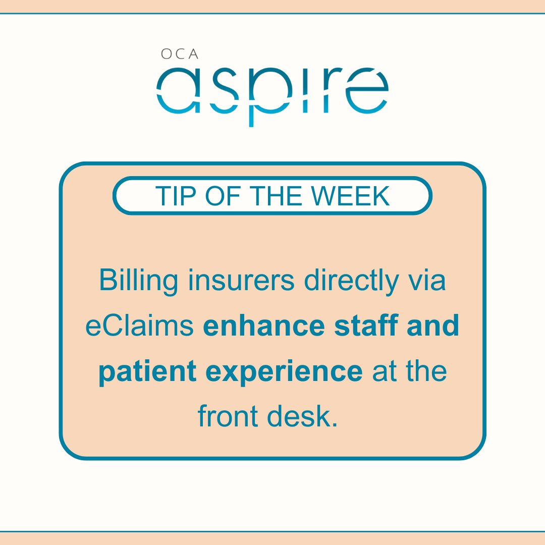 📢 Tip of the Week: Simplify Billing with eClaims! 

🔹No more paperwork headaches!
🔹Improved efficiency at the front desk!
🔹Delight your patients with seamless transactions!

Ready to revolutionize your billing process? 
Upgrade to OCA Aspire and experience the difference! 🚀