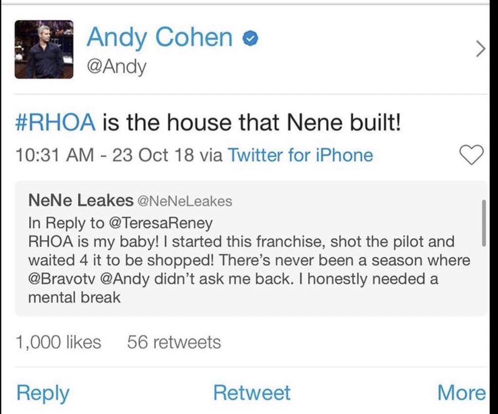 @NeNeLeakes They can not erase you and your legacy!! #RHOA is the house that @NeNeLeakes built - @Andy @BravoTV