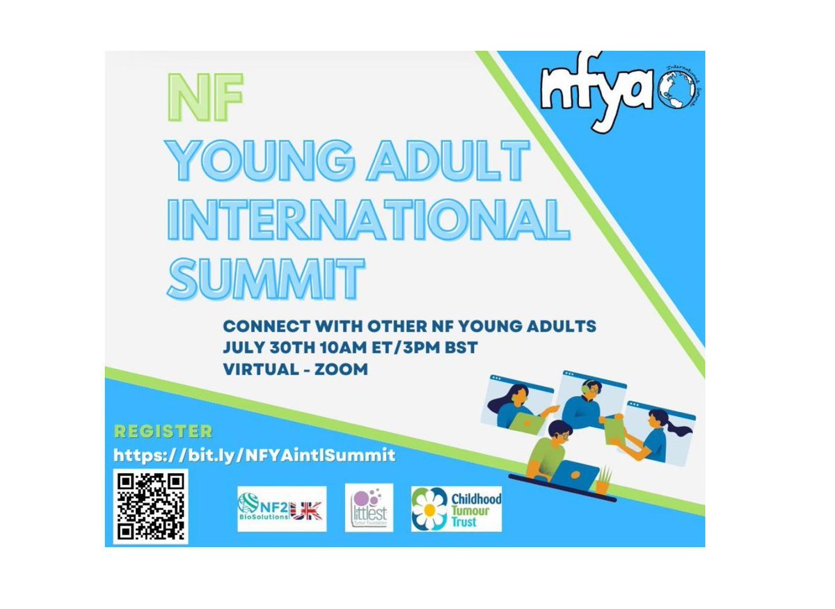 NF Young Adults International Summit 2023

Webinar will be to empower and motivate young adults with NF2

A panel of young adults tell stories of advocating and not letting NF2 overpower their life

Register here: bit.ly/NFYAintlSummit

@nf2biosolutionsuk @an_nf2_point_of_view